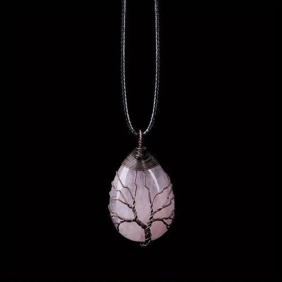 Rose Quartz Natural Gemstone Tree Of Life Copper Wire Wrap Pendant Necklace - Picture 2 of 2